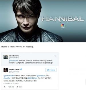 最新消息:《汉尼拔 Hannibal》主创表示Amazon及Netflix皆不会接手本剧 最新消息:《汉尼拔 Hannibal》主创表示Amazon及Netflix皆不会接手本剧